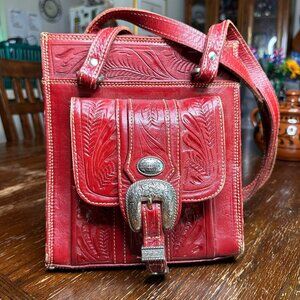 Vintage 90s Western Style Tooled Red Leather Shoulder Bag With Silver Buckle Det